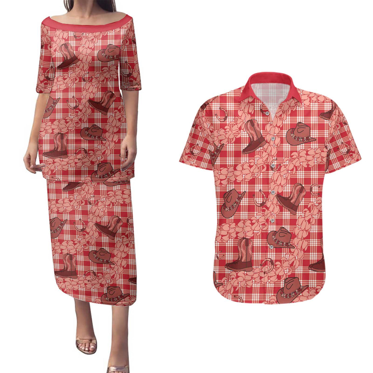 Red Palaka Hawaii Cowboy Couples Matching Puletasi and Hawaiian Shirt Puakenikeni Lei Paniolo Papale Seamless Vibes - Polynesian Pride