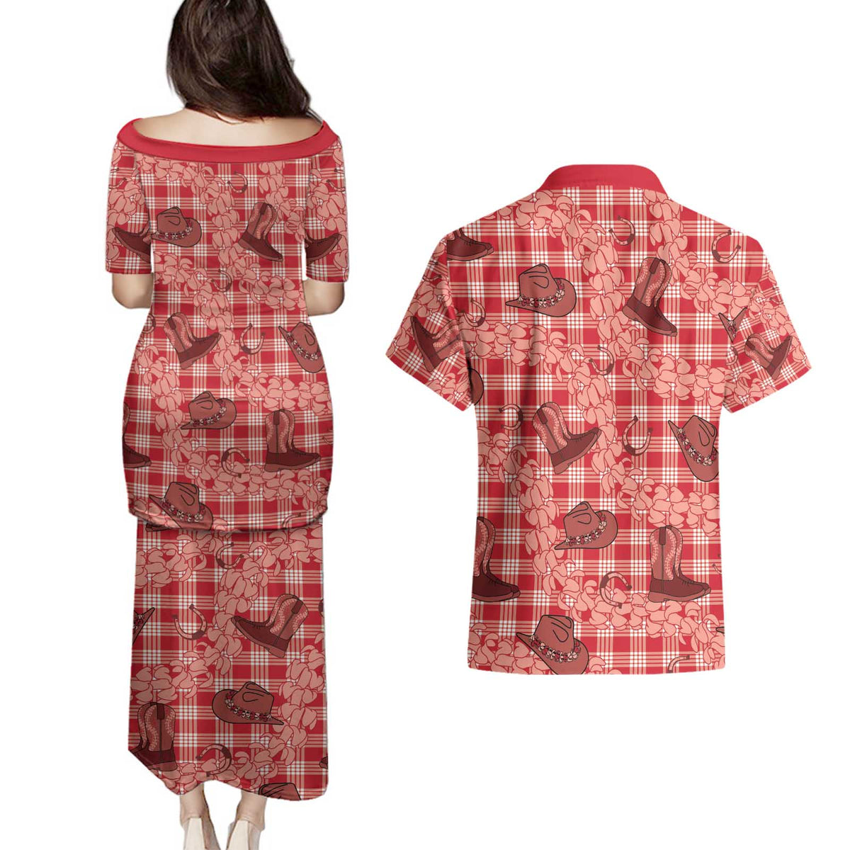 Red Palaka Hawaii Cowboy Couples Matching Puletasi and Hawaiian Shirt Puakenikeni Lei Paniolo Papale Seamless Vibes - Polynesian Pride