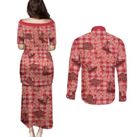 Red Palaka Hawaii Cowboy Couples Matching Puletasi and Long Sleeve Button Shirt Puakenikeni Lei Paniolo Papale Seamless Vibes LT14 - Polynesian Pride