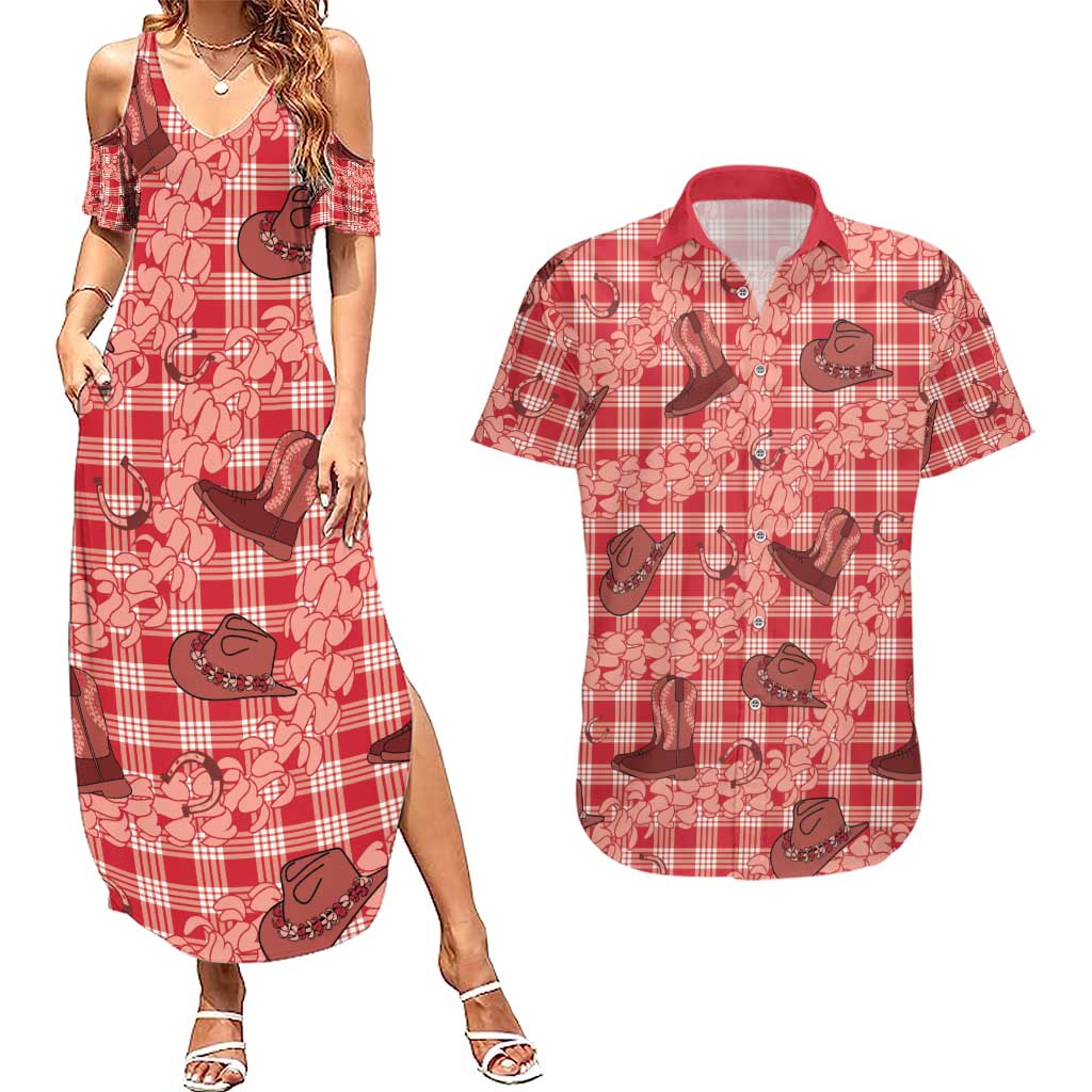 Red Palaka Hawaii Cowboy Couples Matching Summer Maxi Dress and Hawaiian Shirt Puakenikeni Lei Paniolo Papale Seamless Vibes - Polynesian Pride