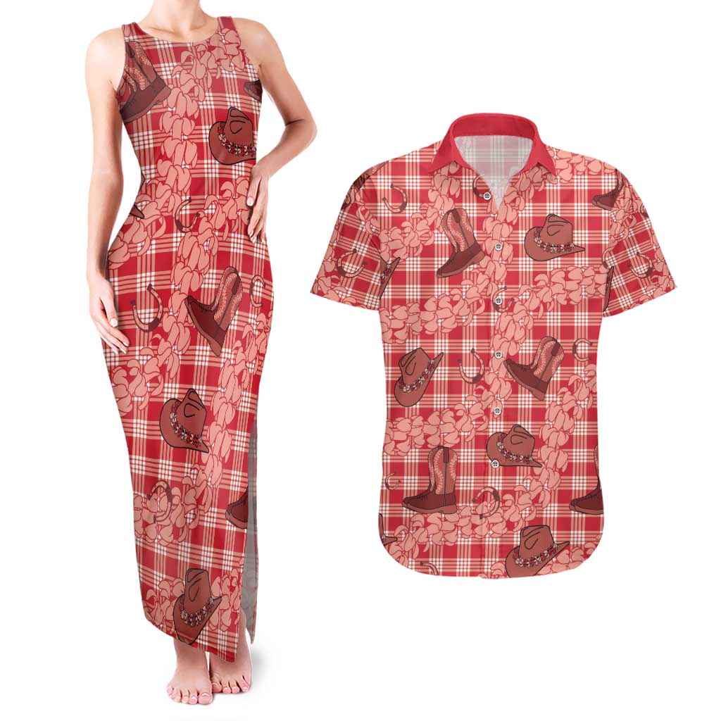 Red Palaka Hawaii Cowboy Couples Matching Tank Maxi Dress and Hawaiian Shirt Puakenikeni Lei Paniolo Papale Seamless Vibes - Polynesian Pride