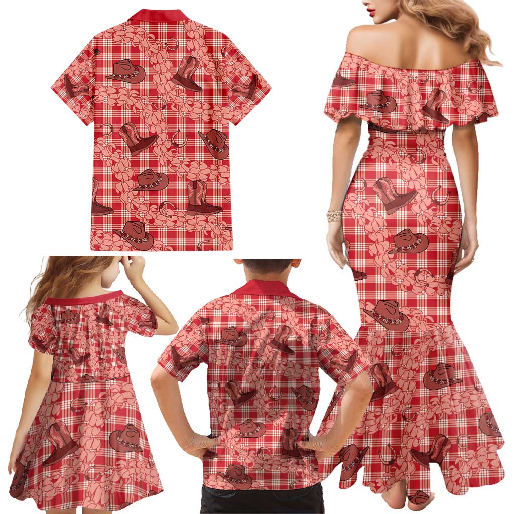 Red Palaka Hawaii Cowboy Family Matching Mermaid Dress and Hawaiian Shirt Puakenikeni Lei Paniolo Papale Seamless Vibes - Polynesian Pride
