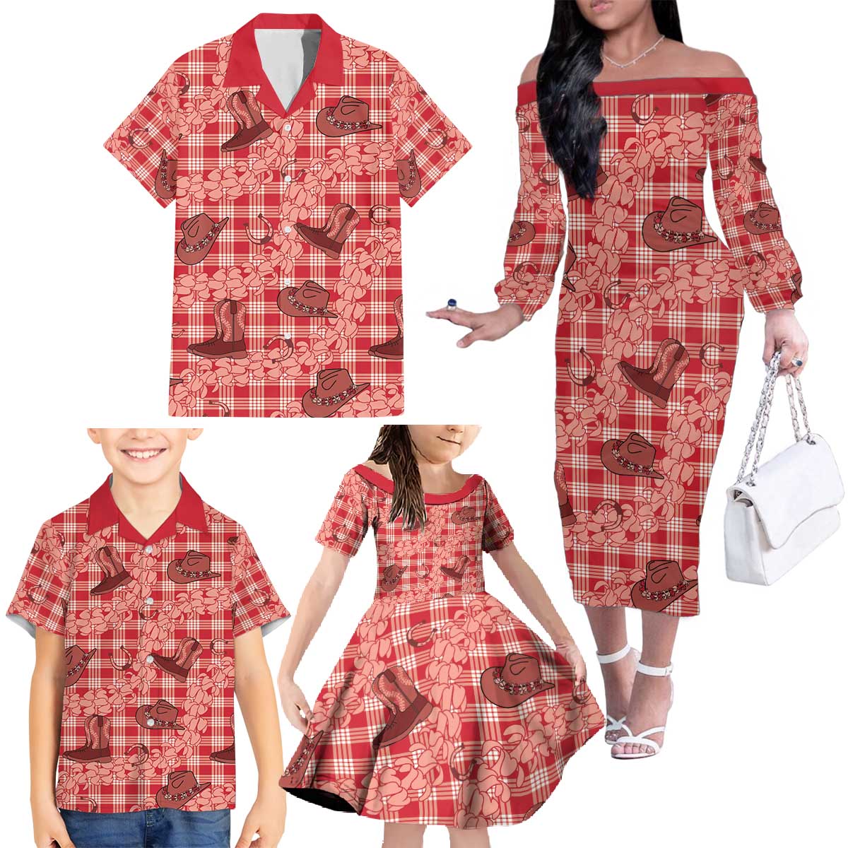 Red Palaka Hawaii Cowboy Family Matching Off The Shoulder Long Sleeve Dress and Hawaiian Shirt Puakenikeni Lei Paniolo Papale Seamless Vibes - Polynesian Pride