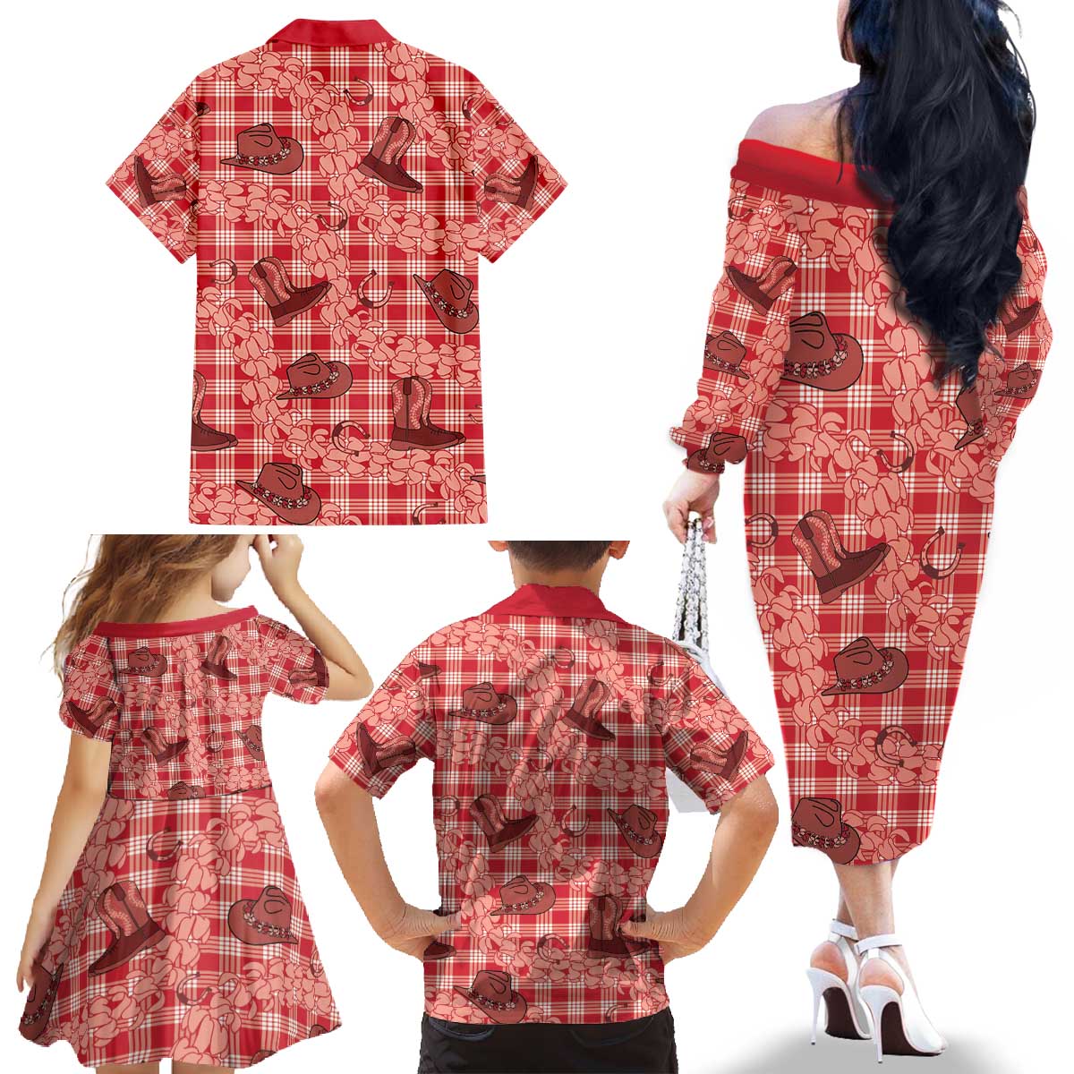 Red Palaka Hawaii Cowboy Family Matching Off The Shoulder Long Sleeve Dress and Hawaiian Shirt Puakenikeni Lei Paniolo Papale Seamless Vibes - Polynesian Pride