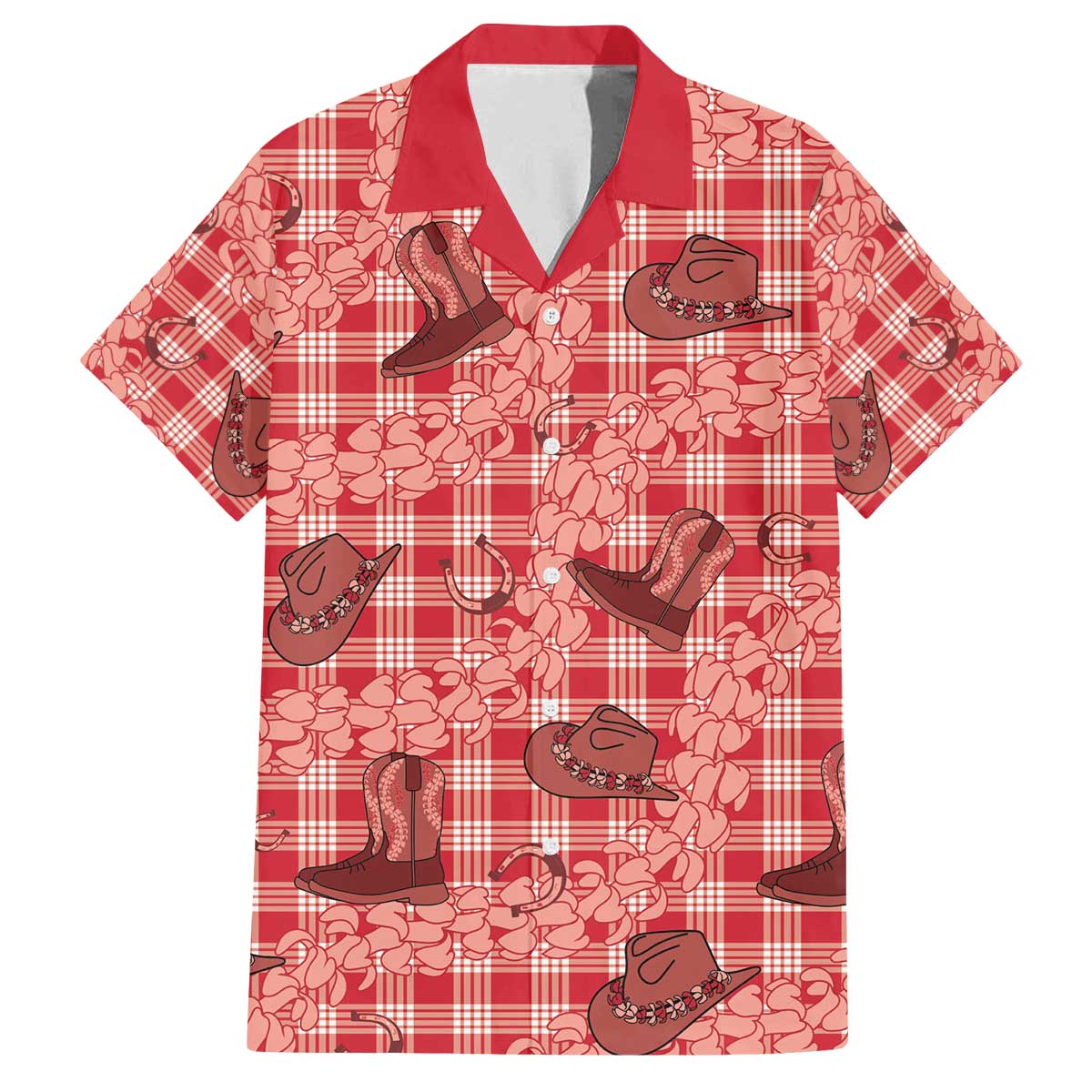 Red Palaka Hawaii Cowboy Family Matching Off The Shoulder Long Sleeve Dress and Hawaiian Shirt Puakenikeni Lei Paniolo Papale Seamless Vibes - Polynesian Pride