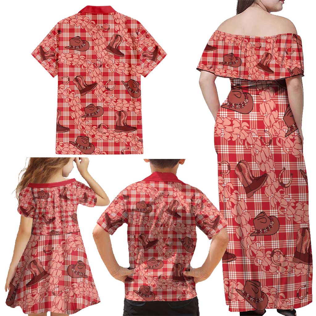 Red Palaka Hawaii Cowboy Family Matching Off Shoulder Maxi Dress and Hawaiian Shirt Puakenikeni Lei Paniolo Papale Seamless Vibes - Polynesian Pride