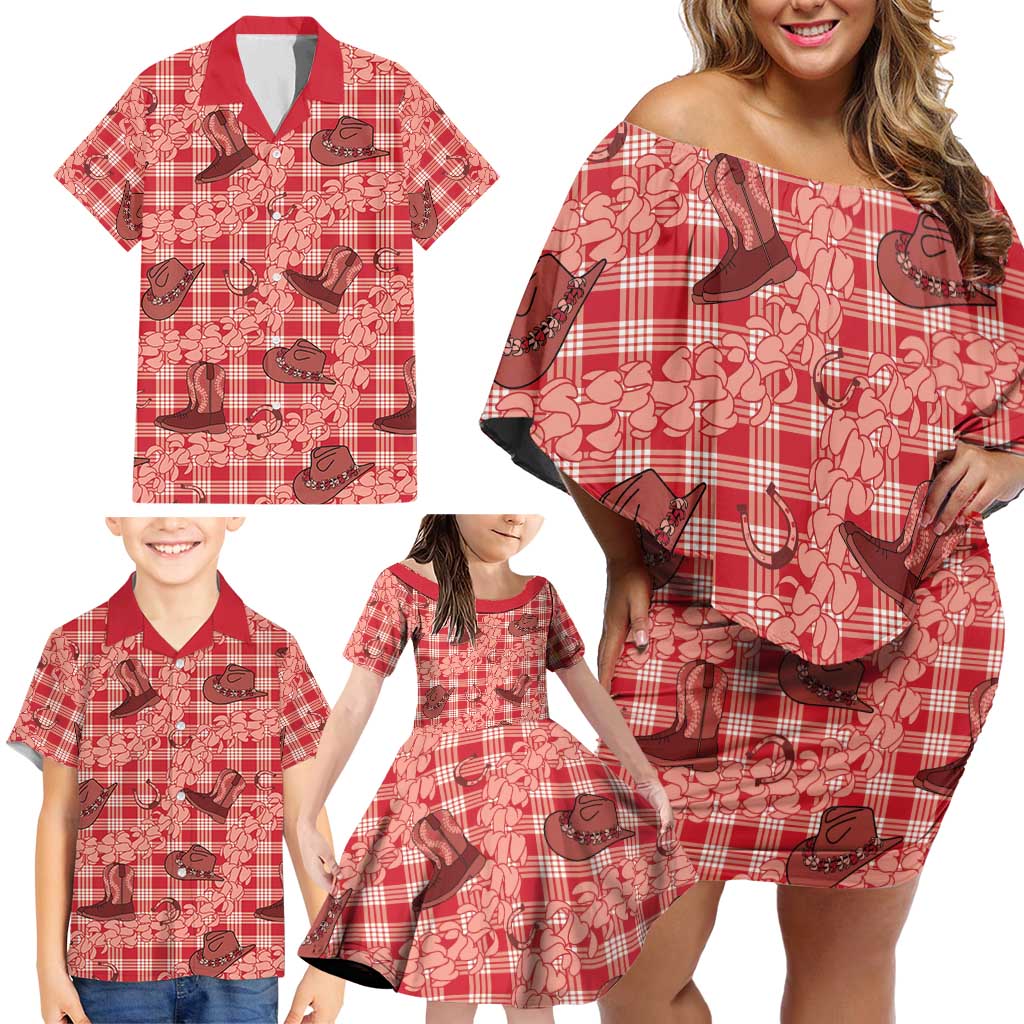 Red Palaka Hawaii Cowboy Family Matching Off Shoulder Short Dress and Hawaiian Shirt Puakenikeni Lei Paniolo Papale Seamless Vibes - Polynesian Pride