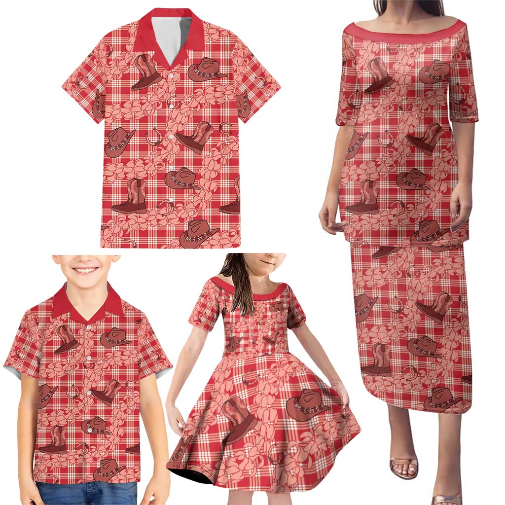 Red Palaka Hawaii Cowboy Family Matching Puletasi and Hawaiian Shirt Puakenikeni Lei Paniolo Papale Seamless Vibes LT14 - Polynesian Pride