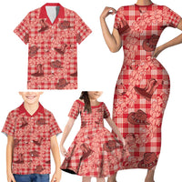 Red Palaka Hawaii Cowboy Family Matching Short Sleeve Bodycon Dress and Hawaiian Shirt Puakenikeni Lei Paniolo Papale Seamless Vibes - Polynesian Pride