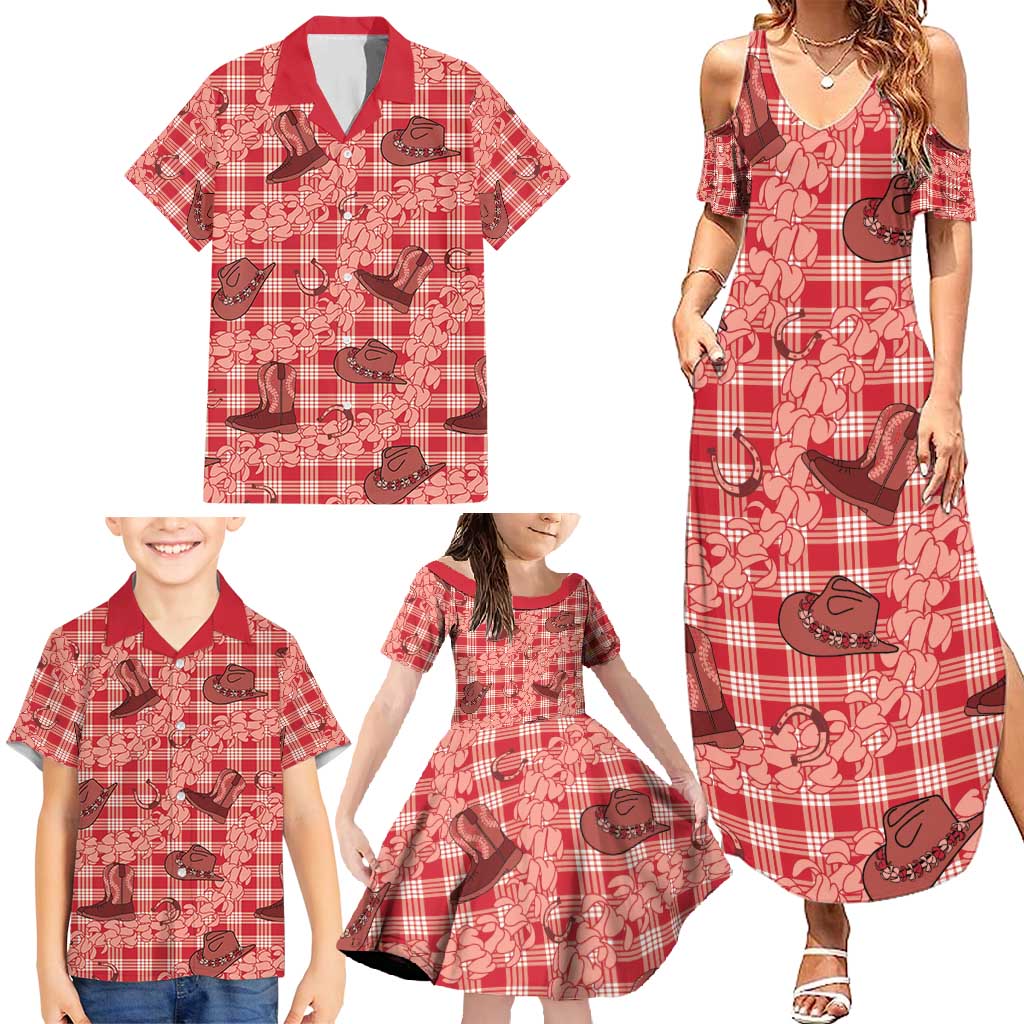Red Palaka Hawaii Cowboy Family Matching Summer Maxi Dress and Hawaiian Shirt Puakenikeni Lei Paniolo Papale Seamless Vibes - Polynesian Pride