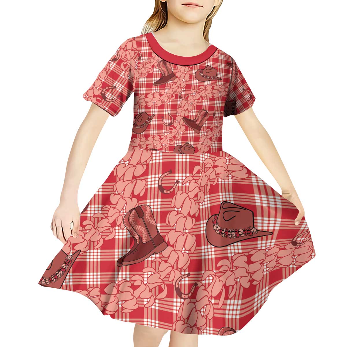 Red Palaka Hawaii Cowboy Kid Short Sleeve Dress Puakenikeni Lei Paniolo Papale Seamless Vibes - Polynesian Pride