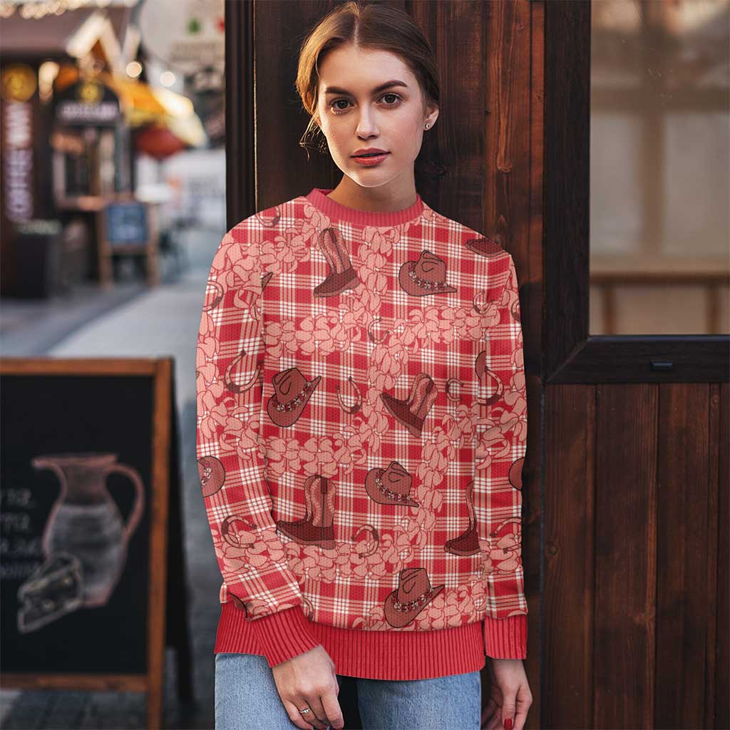 Red Palaka Hawaii Cowboy Ugly Christmas Sweater Puakenikeni Lei Paniolo Papale Seamless Vibes - Polynesian Pride