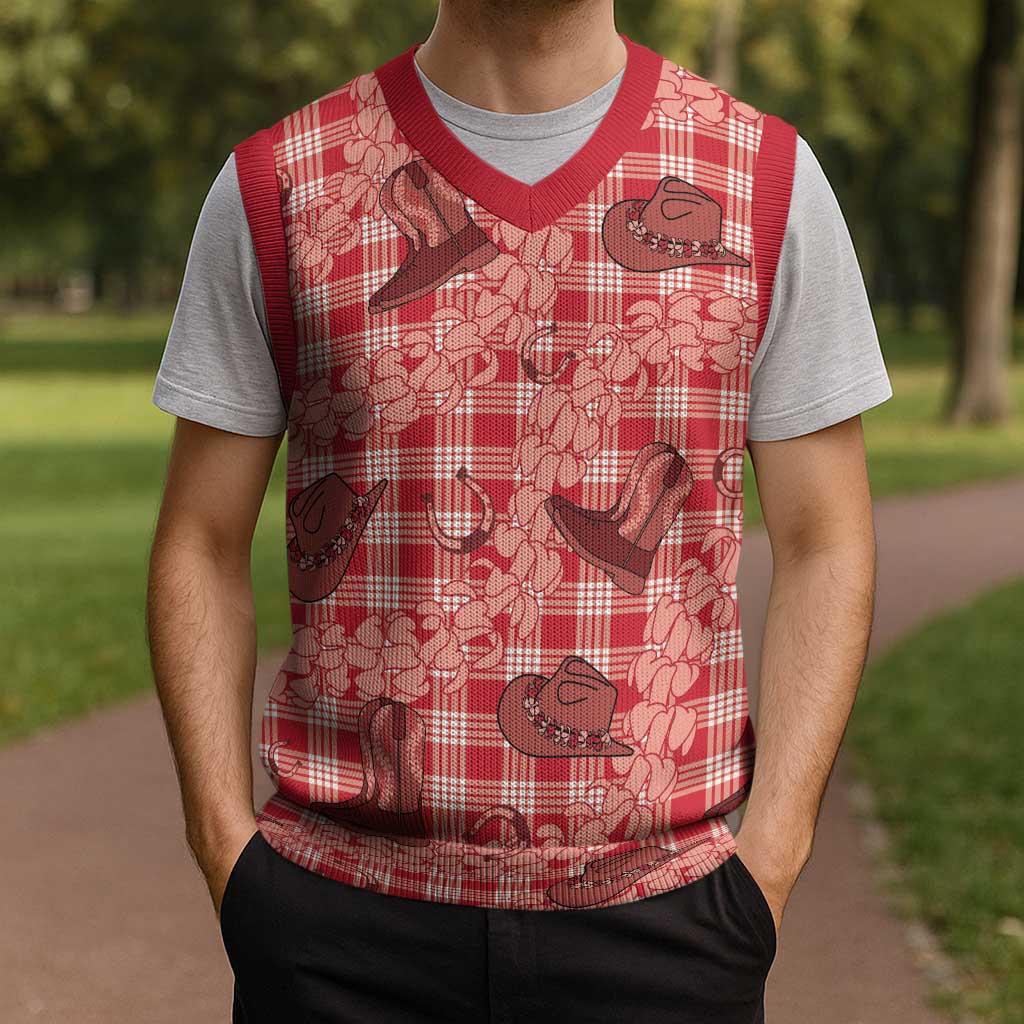 Red Palaka Hawaii Cowboy Christmas Knitted V-Neck Vest Puakenikeni Lei Paniolo Papale Seamless Vibes - Polynesian Pride