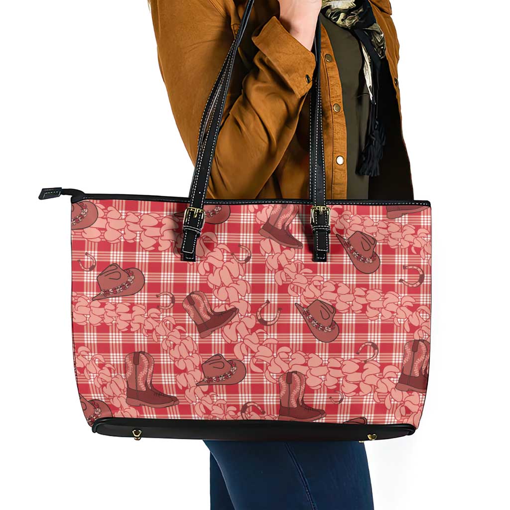Red Palaka Hawaii Cowboy Leather Tote Bag Puakenikeni Lei Paniolo Papale Seamless Vibes LT14 - Polynesian Pride