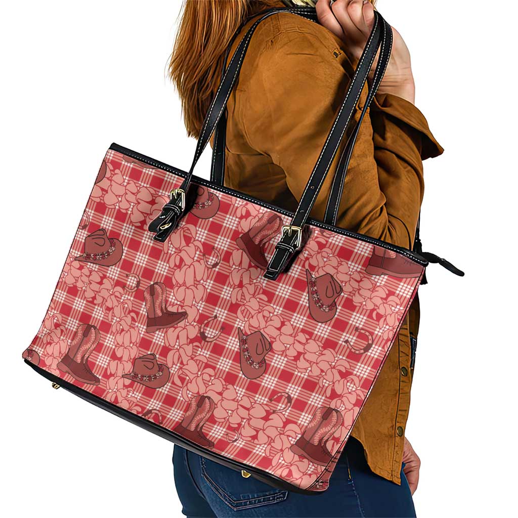 Red Palaka Hawaii Cowboy Leather Tote Bag Puakenikeni Lei Paniolo Papale Seamless Vibes LT14 - Polynesian Pride