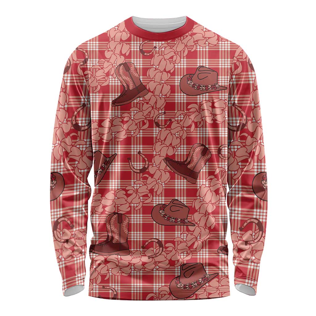 Red Palaka Hawaii Cowboy Long Sleeve Shirt Puakenikeni Lei Paniolo Papale Seamless Vibes LT14 Unisex Red - Polynesian Pride