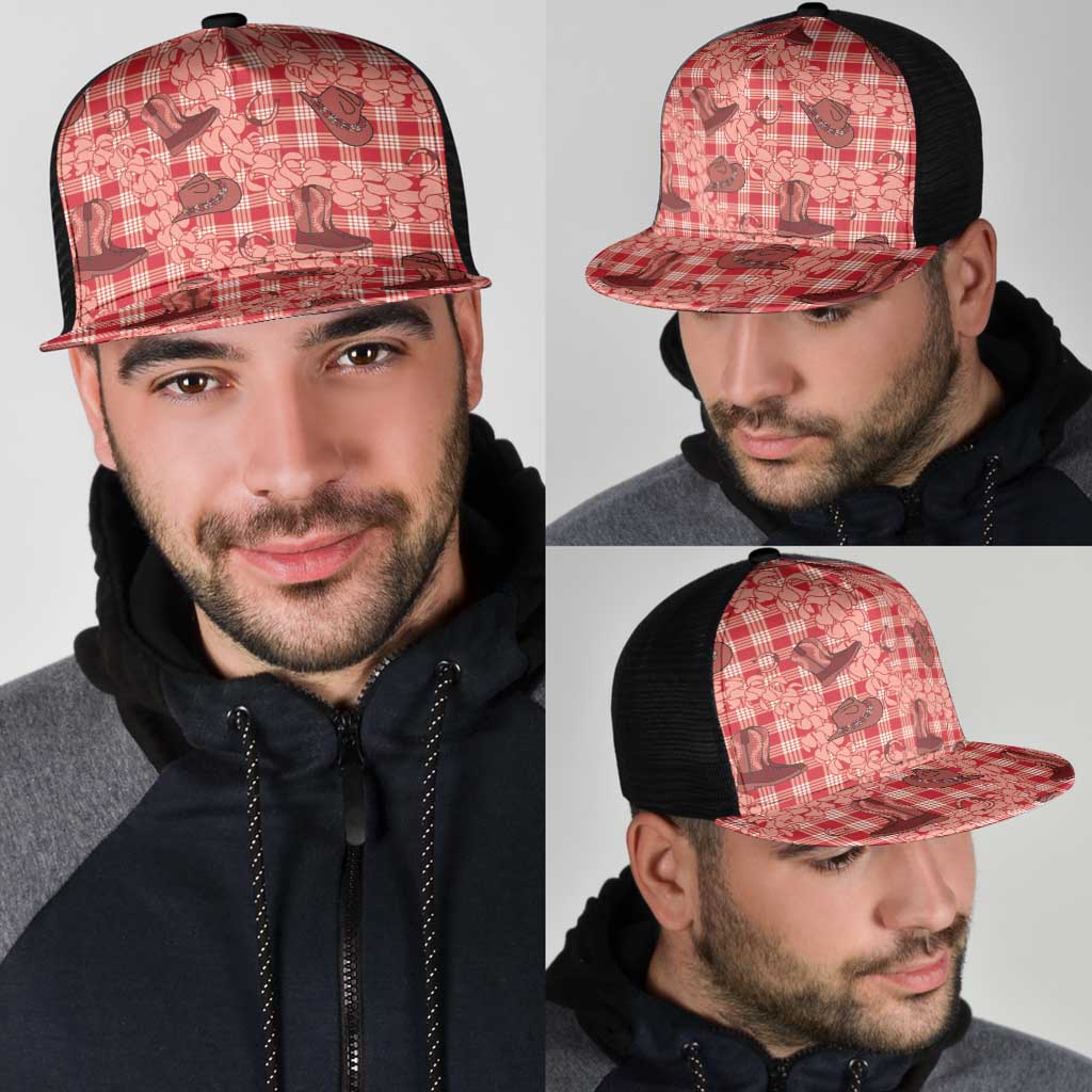Red Palaka Hawaii Cowboy Mesh Trucker Cap Puakenikeni Lei Paniolo Papale Seamless Vibes - Polynesian Pride