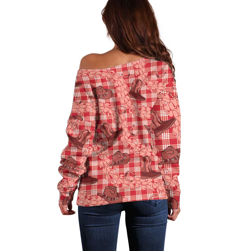 Red Palaka Hawaii Cowboy Off Shoulder Sweater Puakenikeni Lei Paniolo Papale Seamless Vibes - Polynesian Pride