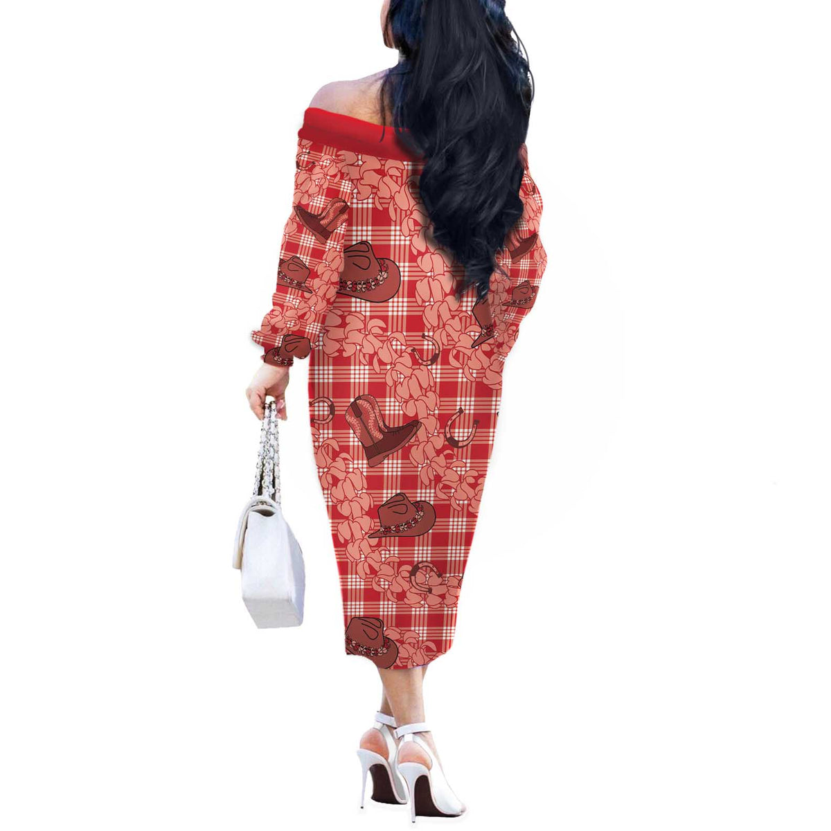 Red Palaka Hawaii Cowboy Off The Shoulder Long Sleeve Dress Puakenikeni Lei Paniolo Papale Seamless Vibes - Polynesian Pride