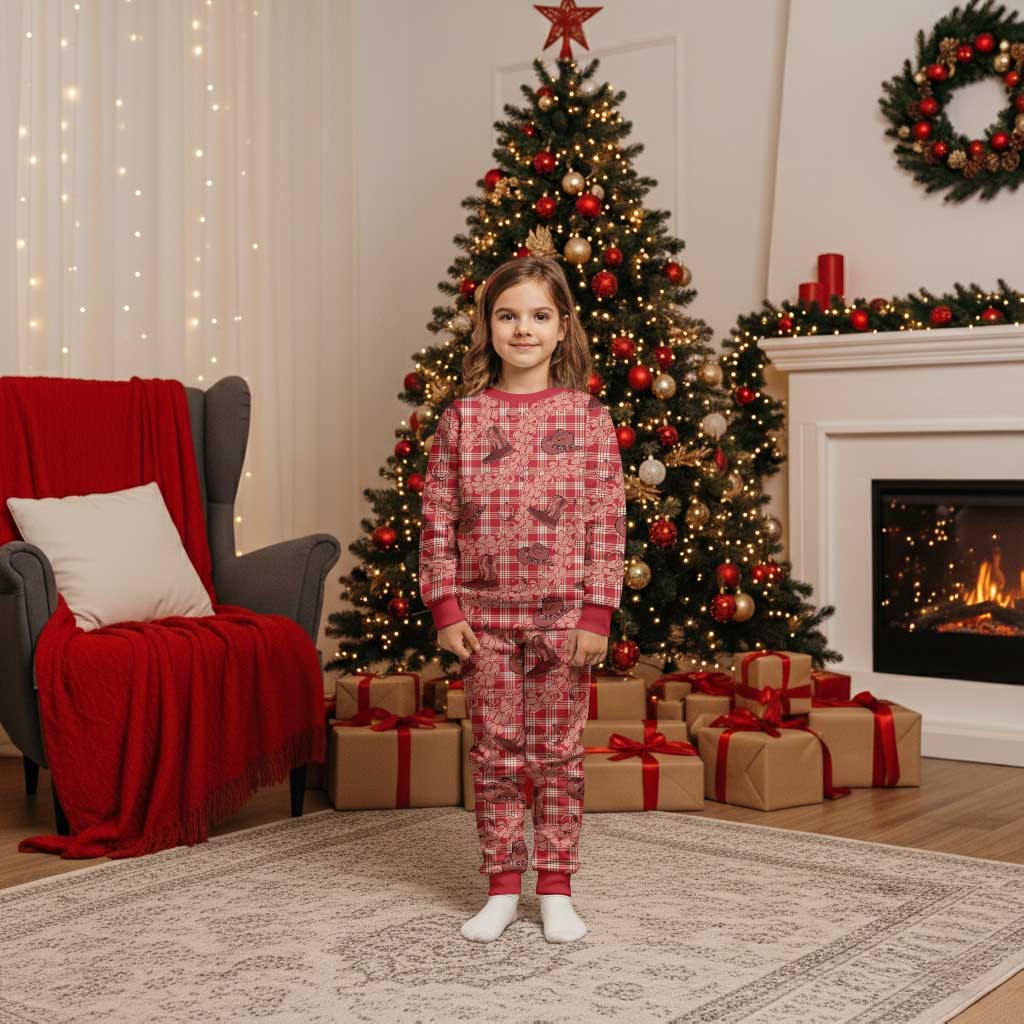 Red Palaka Hawaii Cowboy Christmas Pajama Set Puakenikeni Lei Paniolo Papale Seamless Vibes - Polynesian Pride