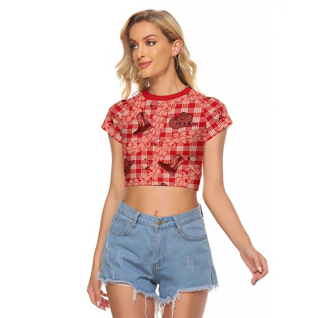 Red Palaka Hawaii Cowboy Raglan Cropped T Shirt Puakenikeni Lei Paniolo Papale Seamless Vibes LT14 Female Red - Polynesian Pride