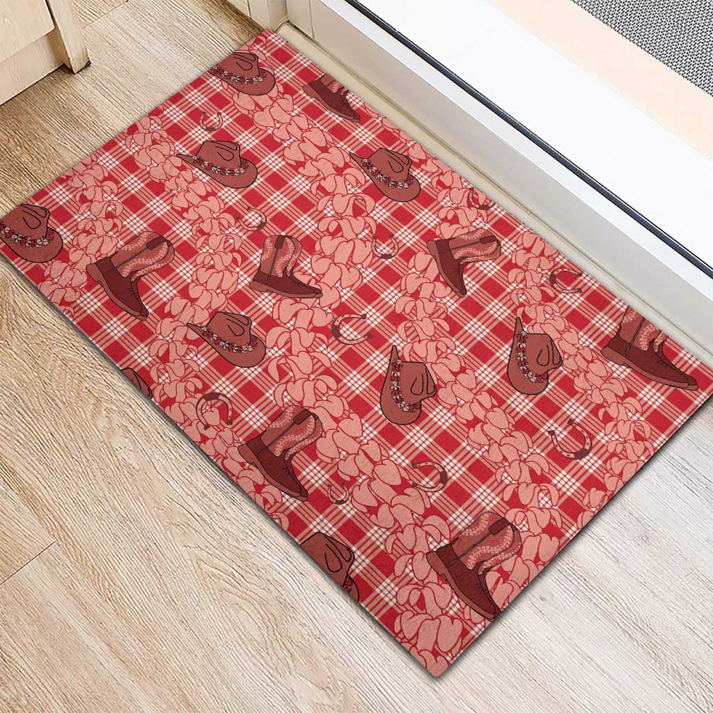 Red Palaka Hawaii Cowboy Rubber Doormat Puakenikeni Lei Paniolo Papale Seamless Vibes LT14 - Polynesian Pride