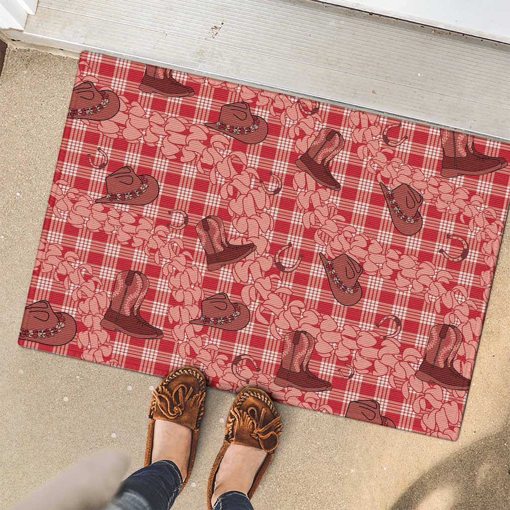 Red Palaka Hawaii Cowboy Rubber Doormat Puakenikeni Lei Paniolo Papale Seamless Vibes LT14 - Polynesian Pride