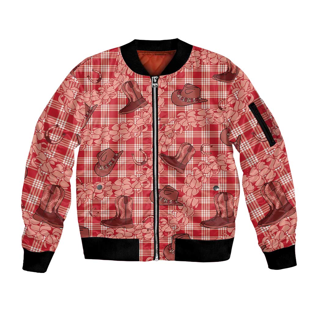 Red Palaka Hawaii Cowboy Sleeve Zip Bomber Jacket Puakenikeni Lei Paniolo Papale Seamless Vibes LT14 Unisex Red - Polynesian Pride