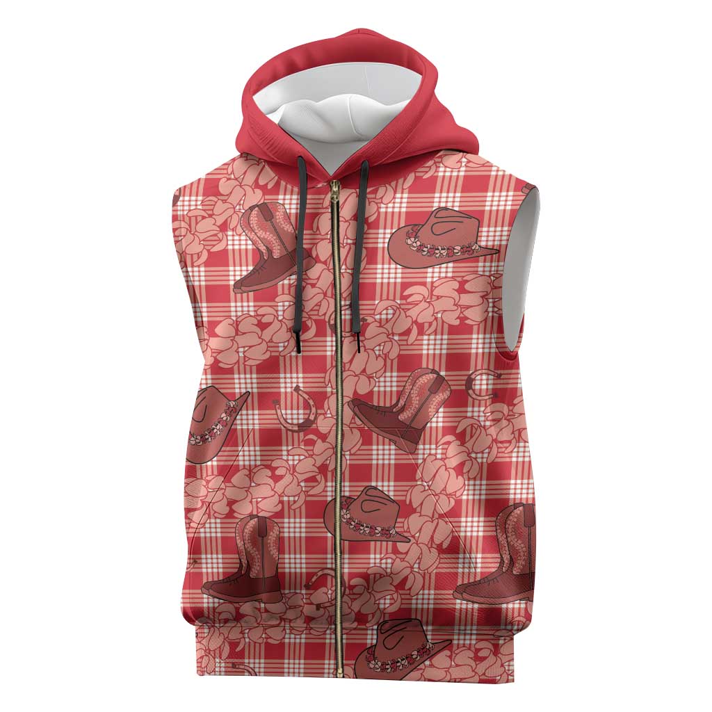 Red Palaka Hawaii Cowboy Sleeveless Zip Hoodie Puakenikeni Lei Paniolo Papale Seamless Vibes - Polynesian Pride
