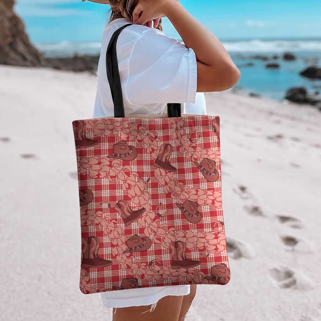 Red Palaka Hawaii Cowboy Tote Bag Puakenikeni Lei Paniolo Papale Seamless Vibes - Polynesian Pride