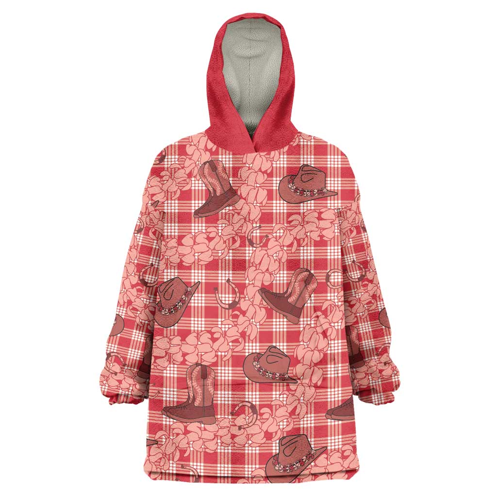 Red Palaka Hawaii Cowboy Wearable Blanket Hoodie Puakenikeni Lei Paniolo Papale Seamless Vibes - Polynesian Pride