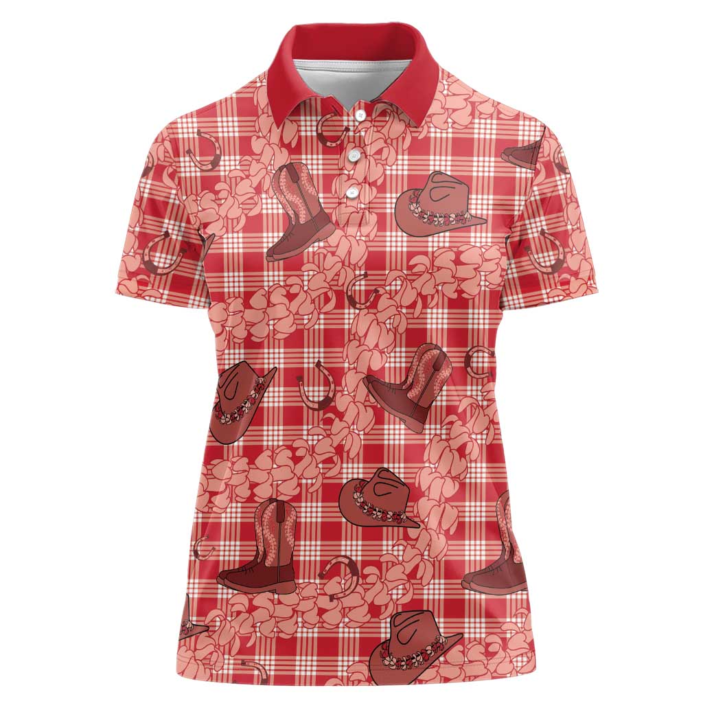 Red Palaka Hawaii Cowboy Women Polo Shirt Puakenikeni Lei Paniolo Papale Seamless Vibes - Polynesian Pride