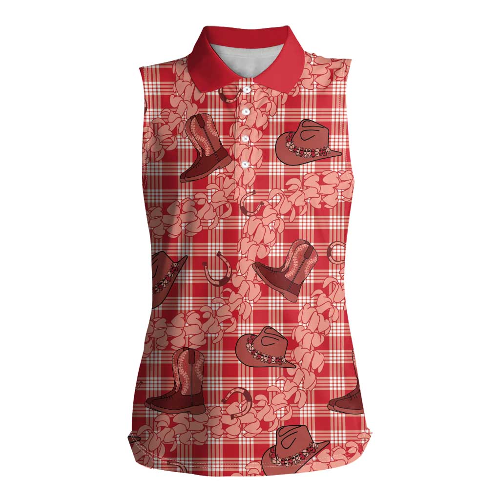 Red Palaka Hawaii Cowboy Women Sleeveless Polo Shirt Puakenikeni Lei Paniolo Papale Seamless Vibes - Polynesian Pride