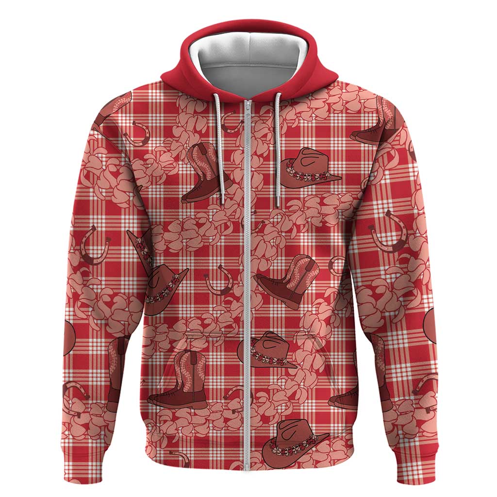 Red Palaka Hawaii Cowboy Zip Hoodie Puakenikeni Lei Paniolo Papale Seamless Vibes - Polynesian Pride