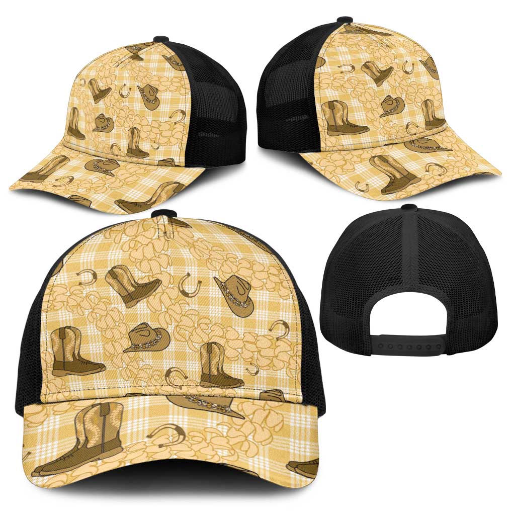 Yellow Palaka Hawaii Cowboy Baseball Net Cap Puakenikeni Lei Paniolo Papale Seamless Vibes - Polynesian Pride