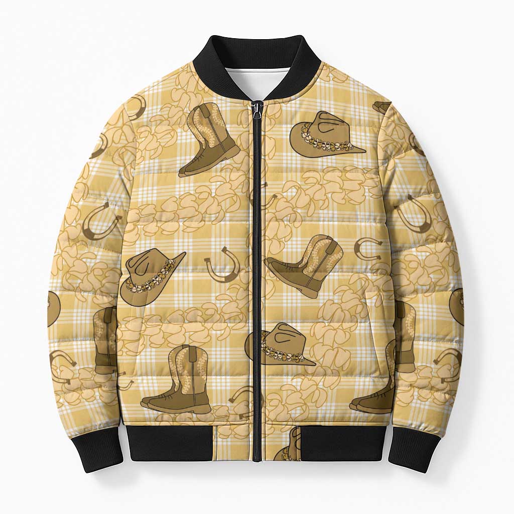 Yellow Palaka Hawaii Cowboy Bomber Puffer Jacket Puakenikeni Lei Paniolo Papale Seamless Vibes LT14 Unisex Yellow - Polynesian Pride