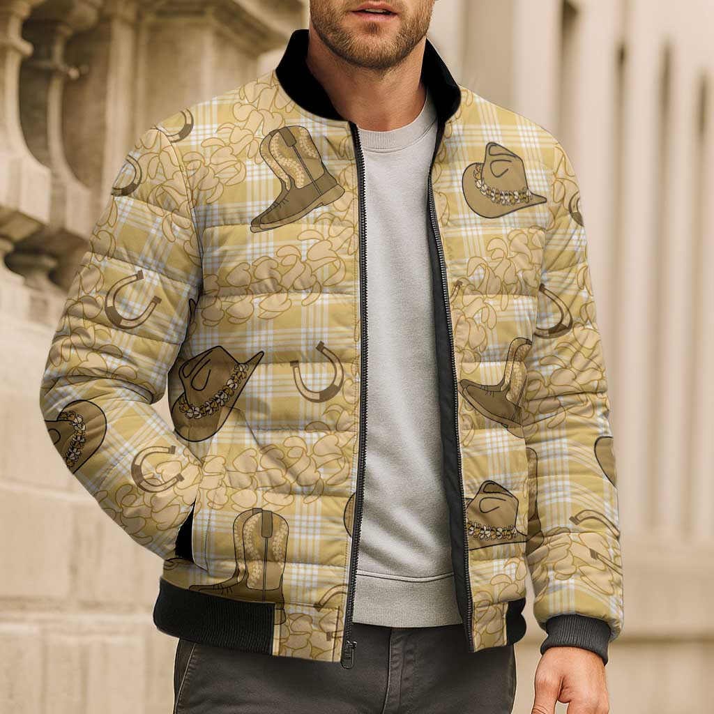 Yellow Palaka Hawaii Cowboy Bomber Puffer Jacket Puakenikeni Lei Paniolo Papale Seamless Vibes LT14 - Polynesian Pride
