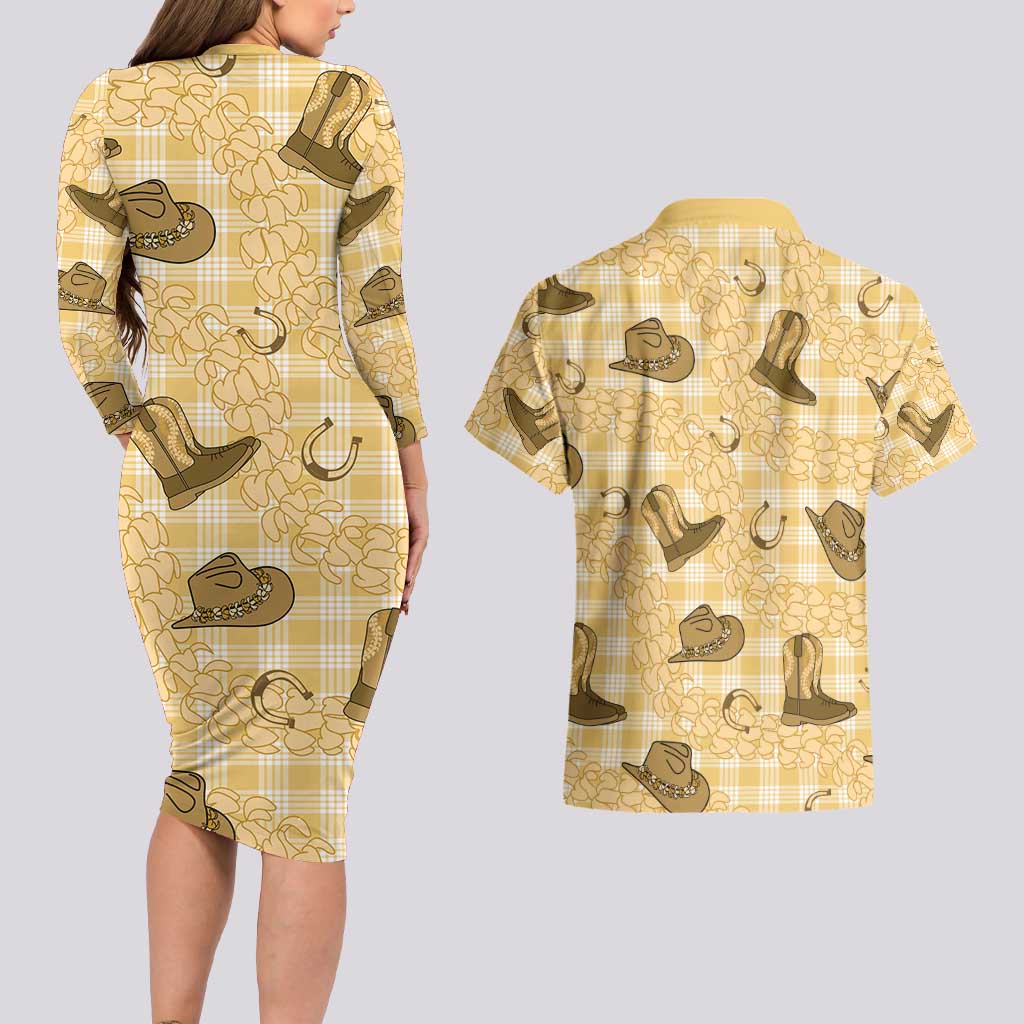 Yellow Palaka Hawaii Cowboy Couples Matching Long Sleeve Bodycon Dress and Hawaiian Shirt Puakenikeni Lei Paniolo Papale Seamless Vibes - Polynesian Pride