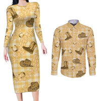Yellow Palaka Hawaii Cowboy Couples Matching Long Sleeve Bodycon Dress and Long Sleeve Button Shirt Puakenikeni Lei Paniolo Papale Seamless Vibes - Polynesian Pride