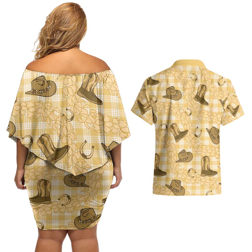Yellow Palaka Hawaii Cowboy Couples Matching Off Shoulder Short Dress and Hawaiian Shirt Puakenikeni Lei Paniolo Papale Seamless Vibes - Polynesian Pride
