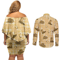 Yellow Palaka Hawaii Cowboy Couples Matching Off Shoulder Short Dress and Long Sleeve Button Shirt Puakenikeni Lei Paniolo Papale Seamless Vibes - Polynesian Pride