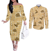 Yellow Palaka Hawaii Cowboy Couples Matching Off The Shoulder Long Sleeve Dress and Long Sleeve Button Shirt Puakenikeni Lei Paniolo Papale Seamless Vibes - Polynesian Pride