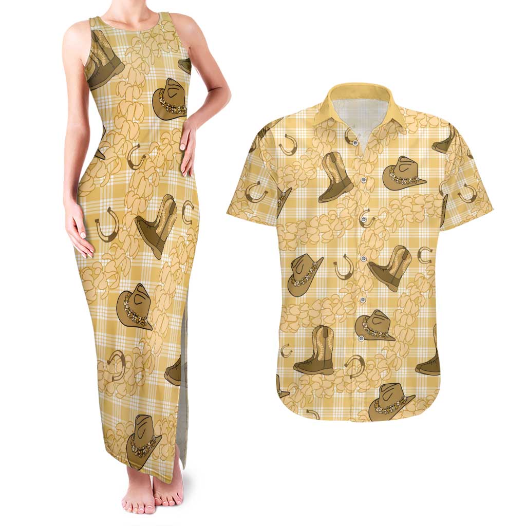 Yellow Palaka Hawaii Cowboy Couples Matching Tank Maxi Dress and Hawaiian Shirt Puakenikeni Lei Paniolo Papale Seamless Vibes - Polynesian Pride