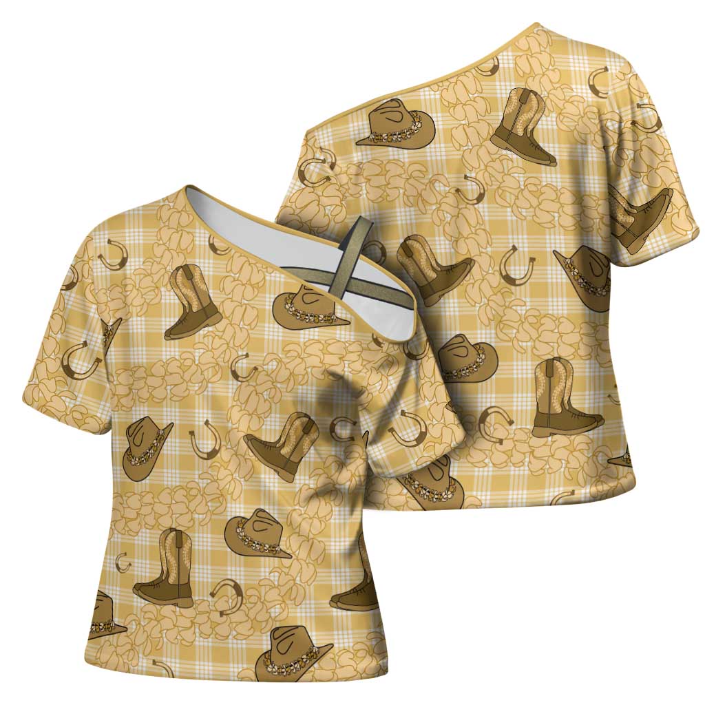 Yellow Palaka Hawaii Cowboy Cross Shoulder Shirt Puakenikeni Lei Paniolo Papale Seamless Vibes LT14 - Polynesian Pride