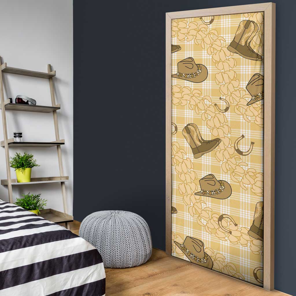 Yellow Palaka Hawaii Cowboy Door Cover Puakenikeni Lei Paniolo Papale Seamless Vibes - Polynesian Pride