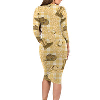 Yellow Palaka Hawaii Cowboy Family Matching Long Sleeve Bodycon Dress and Hawaiian Shirt Puakenikeni Lei Paniolo Papale Seamless Vibes - Polynesian Pride