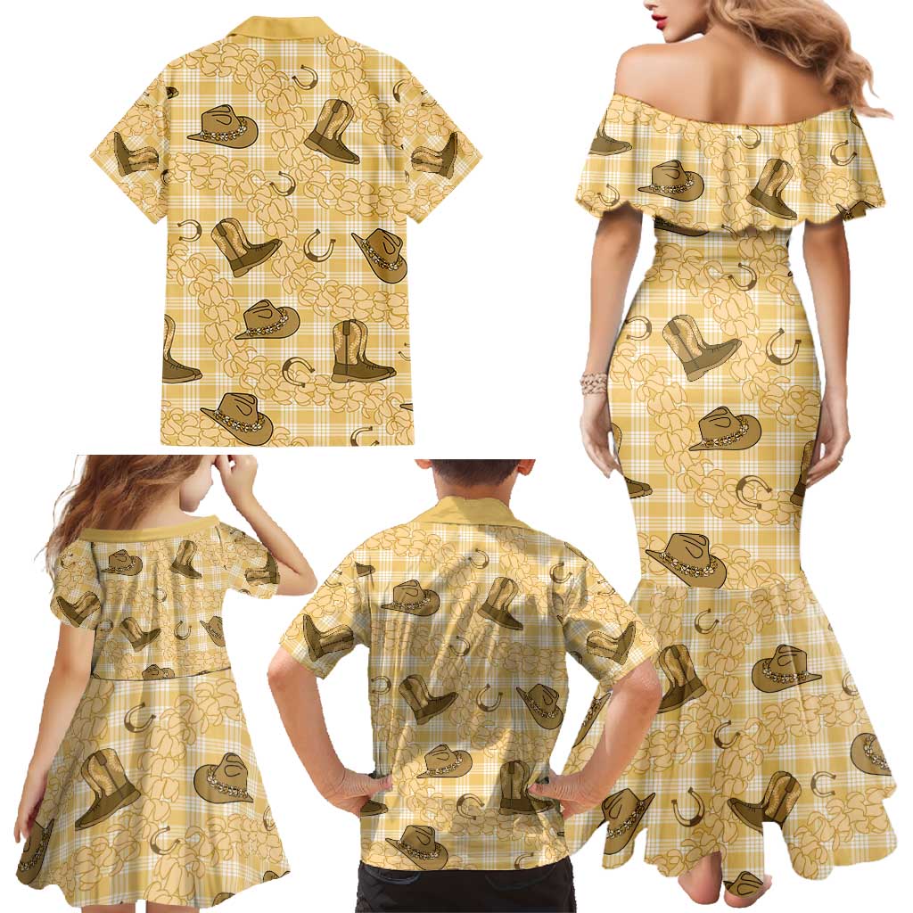 Yellow Palaka Hawaii Cowboy Family Matching Mermaid Dress and Hawaiian Shirt Puakenikeni Lei Paniolo Papale Seamless Vibes - Polynesian Pride