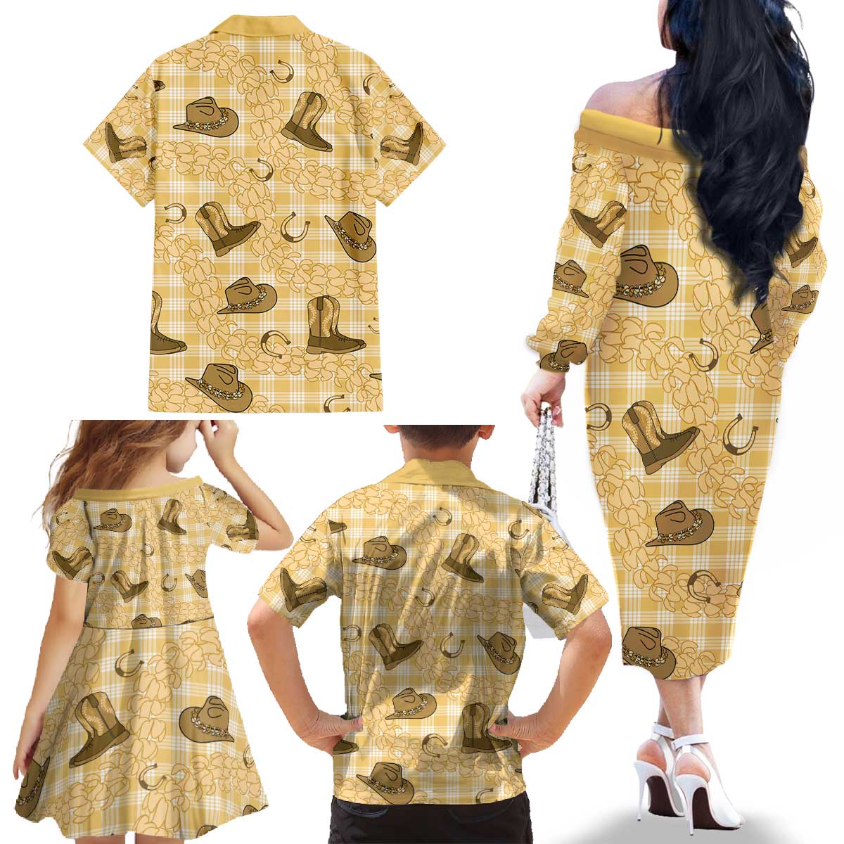Yellow Palaka Hawaii Cowboy Family Matching Off The Shoulder Long Sleeve Dress and Hawaiian Shirt Puakenikeni Lei Paniolo Papale Seamless Vibes - Polynesian Pride