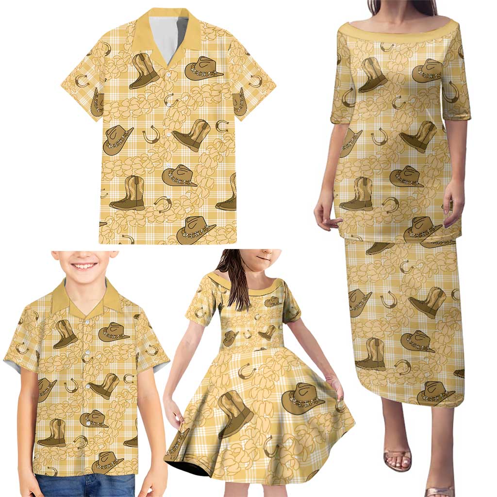 Yellow Palaka Hawaii Cowboy Family Matching Puletasi and Hawaiian Shirt Puakenikeni Lei Paniolo Papale Seamless Vibes LT14 - Polynesian Pride