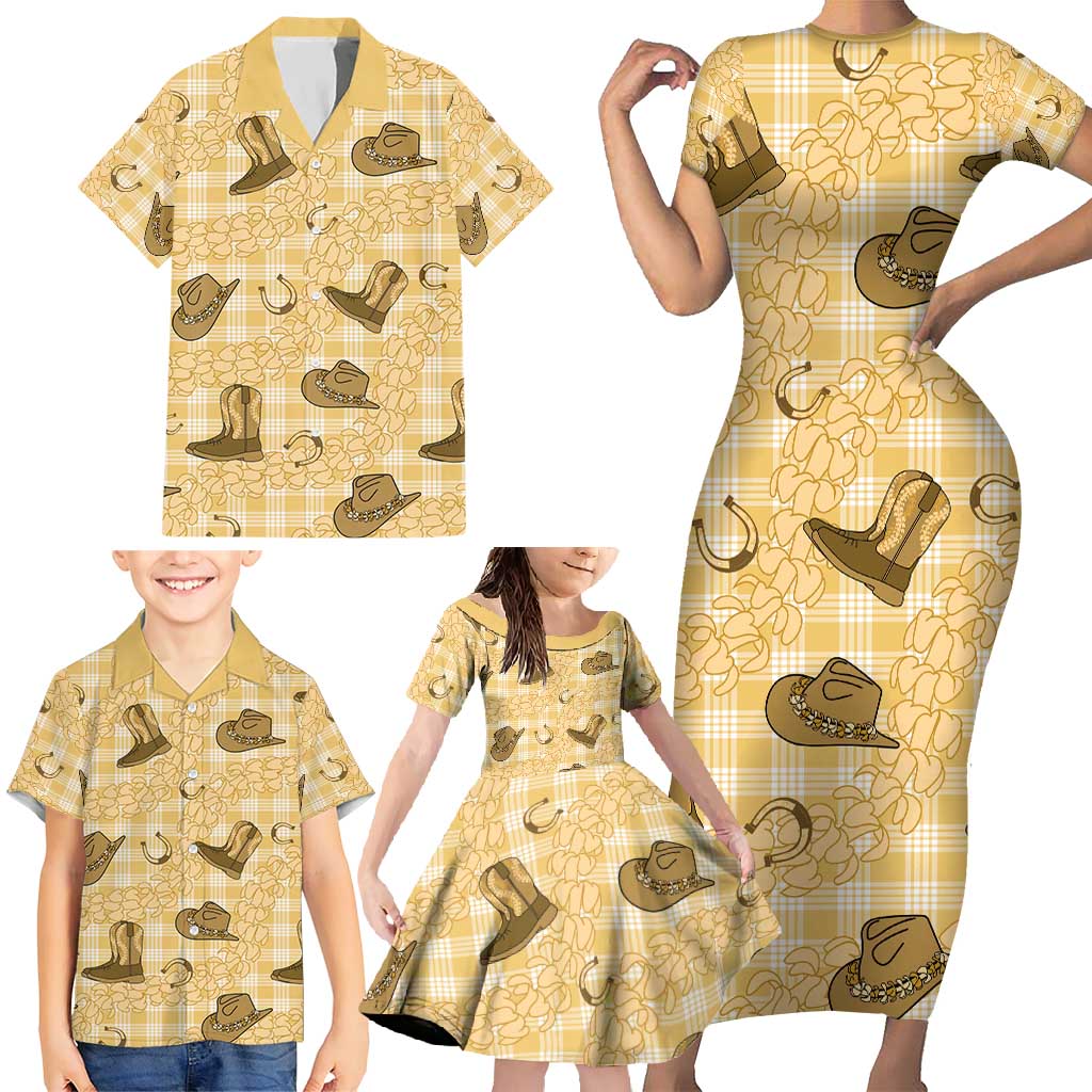Yellow Palaka Hawaii Cowboy Family Matching Short Sleeve Bodycon Dress and Hawaiian Shirt Puakenikeni Lei Paniolo Papale Seamless Vibes - Polynesian Pride